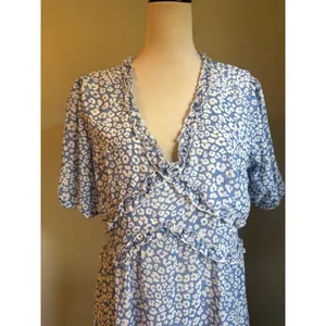 Blue White Floral Leopard boho Ruffle Midi Dress Puff Sleeve M y2k resort dainty thumbnail 2