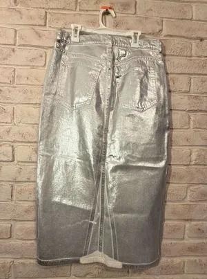 Abercrombie & Fitch High Rise Silver Metallic Coated Denim Midi Skirt thumbnail 3