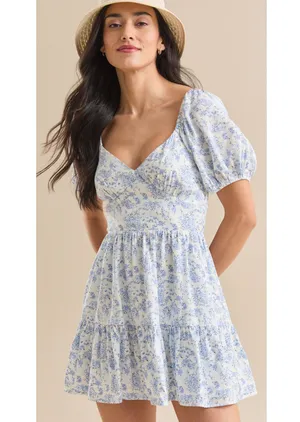 Altar’d State Brianna Blue Babydoll Milkmaid Prairie Tiered Mini Dress Medium thumbnail 1