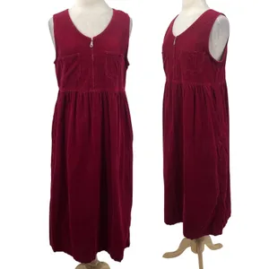 Vintage 90s Corduroy Zipper Front Cotton Maxi Dress Maroon Red Womens Large thumbnail 2