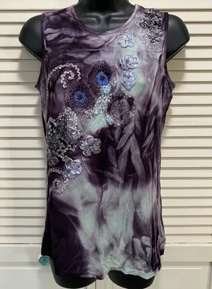 Trixie Tie Dye Purple/Teal Sleeveless Blouse‎ Beads Ribbon Embroidery Size M NWT thumbnail 1