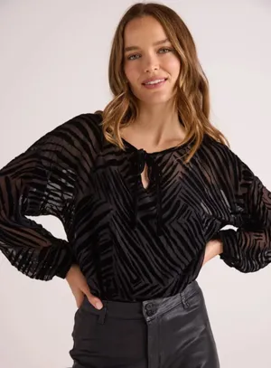 Bella Dahl Silk Blend Burnout Velvet Tie neck Long Blouson Sleeve Blouse Size M thumbnail 1