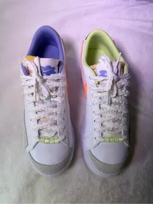Nike Women’s White Sneakers with Peach Swoosh and Lavender Detail thumbnail 4