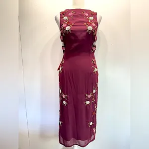 Burgundy Sleeveless Midi Dress Sequined Flowers Open Back Party Elegant Wedding thumbnail 2