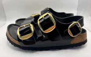 Birkenstock Milano Big Buckle Black Patent Leather Gold Quiet Luxury Sandals 38 US 7-7.5 thumbnail 1