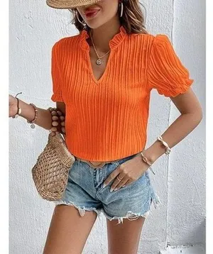 Orange Pleat Notch Neck Puff Sleeve Top - Women thumbnail 1