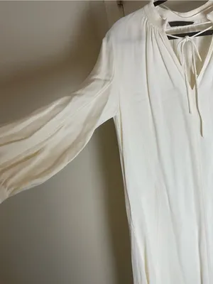 Zara ZW Collection Oyster White V-Neck Tie Front Long Sleeve Midi Dress Large thumbnail 5