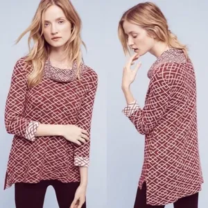 Anthropologie MOTH Galena Cowl Neck Sweater Maroon Pink Jacquard Geometric Small thumbnail 10