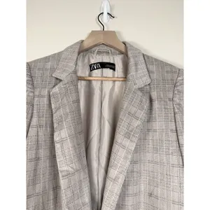 Zara Blazer Women's M Plaid Gray Faux Suede Ruched Sleeve Long Line Open‎ Front thumbnail 2