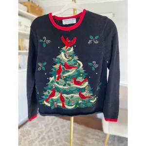 Vintage Heirloom Collectible Embroidered Christmas Tree Sweater Cardinal Festive thumbnail 2