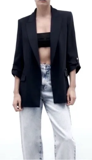 Zara Longline Blazer with Shoulder Pads Black Size Small thumbnail 1