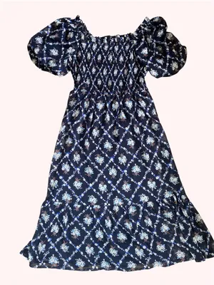 🌸Lauren Conrad Navy Blue Floral Smocked Puff Sleeve Square Neck Short Dress S thumbnail 2