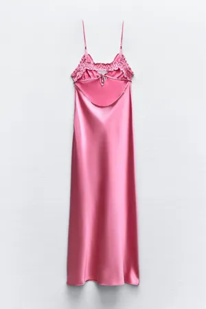 Zara long dress maxi hot pink satin lingerie evening party wedding holiday thumbnail 10