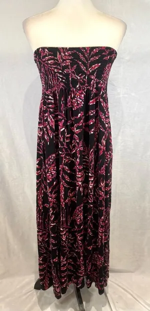 Artisan NY black and pink print smocked strapless midi dress size large thumbnail 1