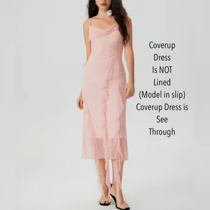 Pink V-neck Ruffle Mesh Cover Up Dress L/Size 8 thumbnail 6