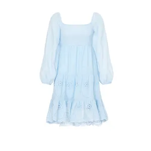 Area Stars Eyelet Trim Light Blue Long Sleeve Square Neck Dress Size Medium thumbnail 4