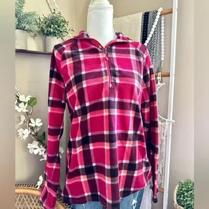 Eddie Bauer Pink/Orange Plaid Quarter Zip Fleece Pullover Sweatshirt thumbnail 3