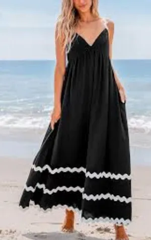 NWT Black White Ric Rac Maxi Dress‎ Size Large Vacation Boho Cupshe thumbnail 1