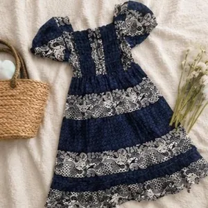 Navy Paisley Tiered Milkmaid Mini Dress Puff Sleeve Square Neck Smocked XS thumbnail 5