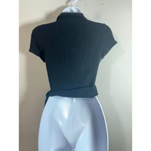 Reformation Sidra Knit Top Black Ribbed Wrap‎ Cropped Short Sleeve Small S USA thumbnail 6