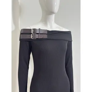 Y2K Black Off Shoulder Sweater Mini Dress Buckle Ribbed Knit Goth Grunge M thumbnail 4