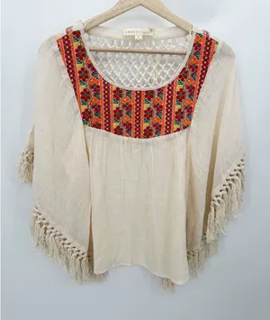 Lovestitch Cream Tulum Fringe Top Boho Embroidery Oversized‎ Fit Women Small NWT thumbnail 1