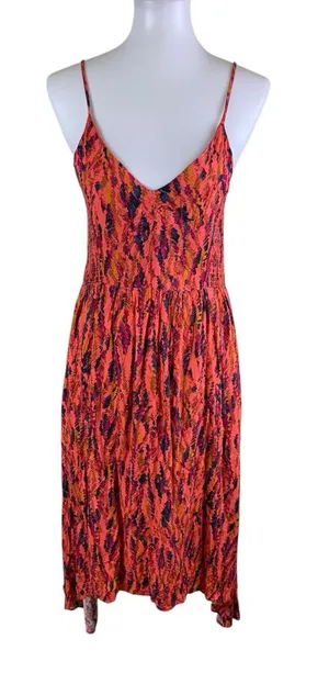Peyton Jensen Orange Abstract‎ Print Midi Dress Spaghetti Strap Smocked Waist S thumbnail 1