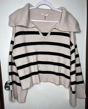 Entro Cream and Black Striped V-Neck Sweater thumbnail 1