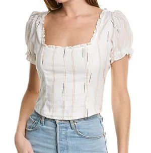 Free People Serotonin Corset Top Cotton Peasant Cop Puff Sleeve White size medium thumbnail 1