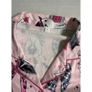 Pink Halloween Ghost Bow Pajama Set Short Sleeve Button Down Shorts Womens Large thumbnail 4