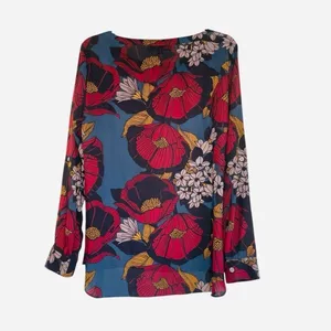 LOFT Top Womens S Multicolor Floral Blouse Boat Neck Tab Sleeve Pullover Woven M thumbnail 4