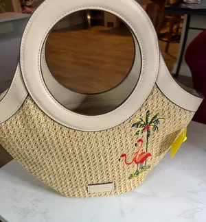Tommy Bahama Straw tote bag with flamingo and palm tree embroidery thumbnail 1