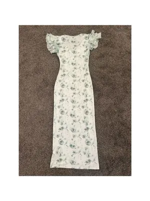 White Green Floral Maxi Dress Ruffle Sleeve Bodycon XS thumbnail 6