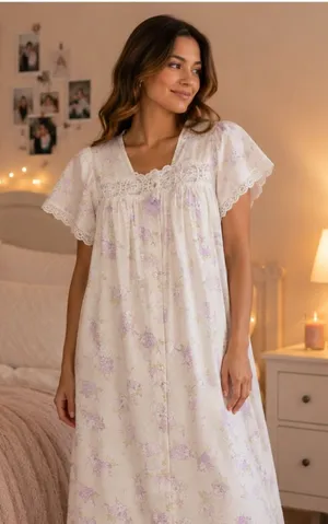 Vintage Womens Size Medium Floral Nightgown Robe Set Purple Lace Made in USA thumbnail 1