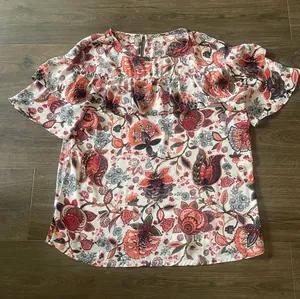 LOFT Short-Sleeve Floral Ruffle Blouse - Cream w/ Maroon & Blue Patterns Large thumbnail 1