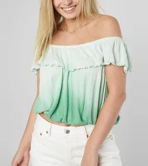 Free People Cora Lee Green and White Off the Shoulder Ombré Top, EUC, Medium thumbnail 1