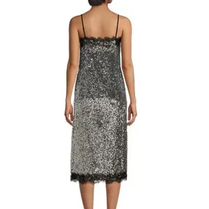 Gianni Bini Lilly Sisto Allegra Sequin Slip Midi Dress Silver Lace Trim US 6 NWT thumbnail 2