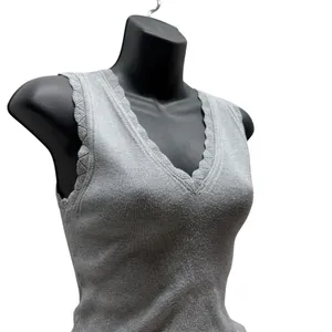 Catherine Malandrino Grey Ribbed Knit Scalloped V-Neck Tank Top thumbnail 2