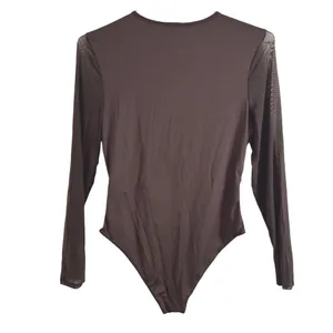 SheIn Womens Brown Mesh Bodysuit XL Sheer Long Sleeve Geometric Panels Fitted thumbnail 3