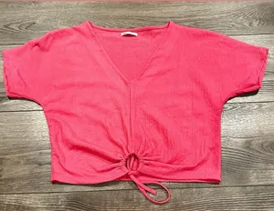 Women's Zara‎ Cinch Front Short Sleeve Crop Top Bright Pink Size Medium thumbnail 1