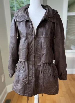 Vintage GIII Brown Genuine Leather Jacket Hooded Anorak Trench Coat Sz Small thumbnail 1