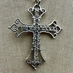 Silver tone rhinestone cross necklace thumbnail 4