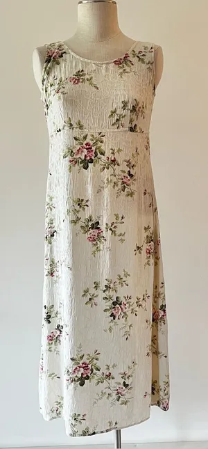 Dress Barn Vintage Sleeveless Cream Floral jacquard Midi Dress with Pink Roses thumbnail 1
