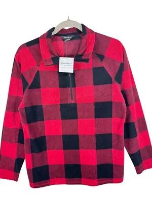 Eddie Bauer NWT Red Black Buffalo Plaid 1/4 Zip Lightweight Fleece Pullover Sz M thumbnail 1