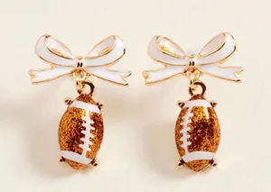 Bow Accent Football Drop Dangle Earrings Gold thumbnail 1