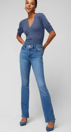 White House | Black Market Elbow Sleeve Cashmere Blend Puff Henley Sweater Blouse V-Neck Fuzzy Ribbed thumbnail 5