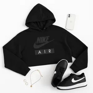 Nike Air Cropped Fleece Hoodie Black Women’s Medium Oversized Athleisure in EUC thumbnail 4