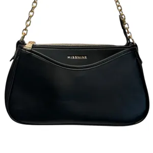 Missnine Black Shoulder Bag Mini Baguette Purse Vegan Leather Gold Chain Zip NEW thumbnail 2