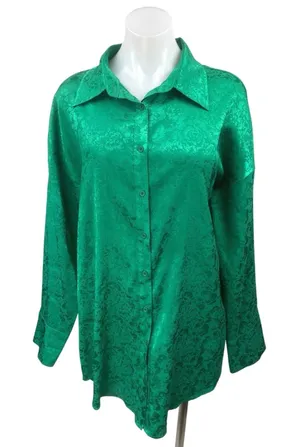 12th Tribe Green Silky Satin Floral Long Sleeve Button Down Mini Shirt Dress M thumbnail 1
