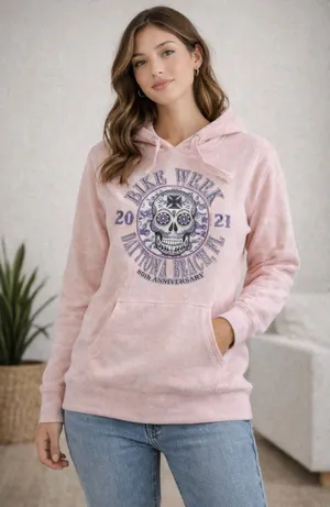 Bike Week Daytona Beach Hoodie Women's Small Pink Skull Graphic Pullover Cozy thumbnail 1